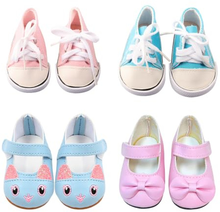 4 Paar Puppenschuhe Zubehör Set für 35-45cm Puppen mit 1 Hasenschuhe 1 Schleifenschuhe 2 Leinenschuhe, 14-18 ZollPuppen Zubehör für Baby Puppen, Puppenschuhe Geschenk für Mädchen
