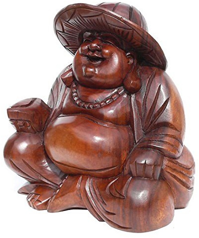 Wogeka - 30 cm Buddha Happy mit Hut - Handarbeit aus Holz Budda Feng Shui BHHut