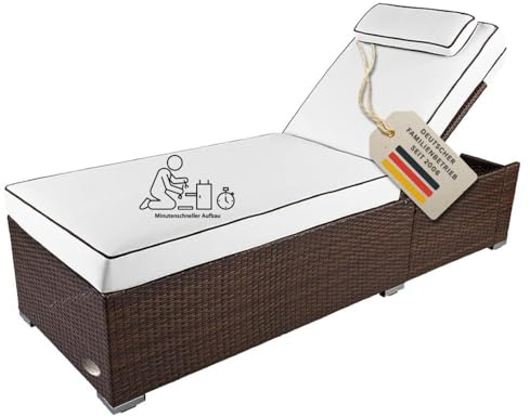 RS Trade Sonnenliege Gartenliege wetterfest extra hoch auch für Senioren – Polyrattan Outdoor mit Rollen, stabil & belastbar bis 200kg, XXL für Garten Terrasse Balkon, braun Rattan, mit heller Auflage