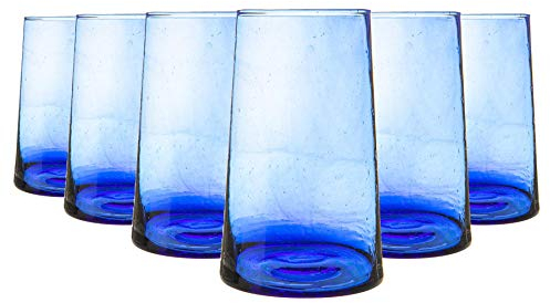 Nicola Spring 6pc Merzouga Recycled Highball Glasses - 320ml - Blue Glass - Sustainable Hand-Blown Moroccan Water Cups Dishwasher Safe Drinkware for Juices, Water