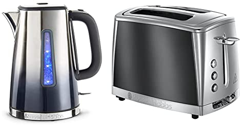 Russell Hobbs 25111 Eclipse Polished Stainless Steel and Midnight Blue Ombre Electric Kettle, 3000 W, 1.7 Litre & 23221 Luna Two Slice Toaster, 1500 W, Grey