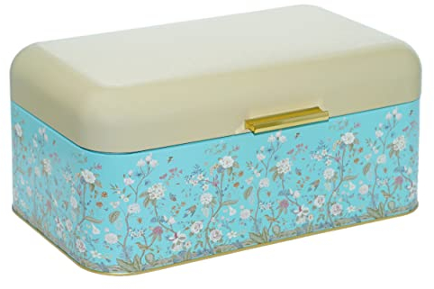 Lashuma Brotkiste Metall blau Botanik 36x21 cm, Aufbewahrungsbox Brot für Toast o. Kastenbrot