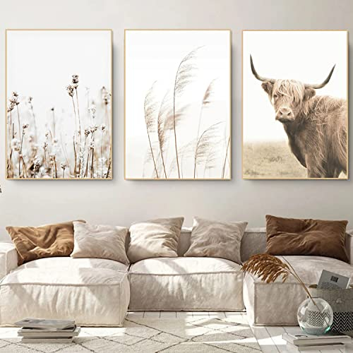 Sarah Duke 3er Moderne Poster Set Hochlandrinder Pampasgras Leinwand Bild Yak Kunstdrucke, Ohne Rahmen Wandbilder, Boho Deko Wanddeko für Wohnzimmer Schlafzimmer (40x50cm)