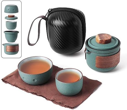 Mini théière de voyage en céramique Kung Fu chinoise, 1 pot 2 tasses en porcelaine motif pingouin mignon tasse à thé avec infuseur à thé sac portable pour la maison, l'extérieur, pique-nique, hôtel