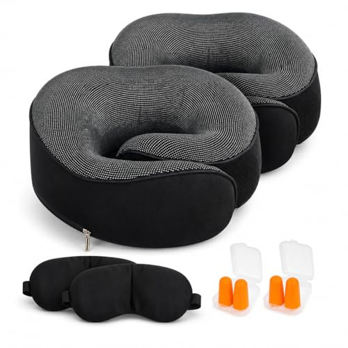 Reisekissen, Flugzeugkissen, Reisekissen, ergonomisches Nackenstützkissen, Reisekissen, aus Memory-Schaum, Reisekissen, Reisekissen, Flugzeug, Schwarz + Nachtmaske + Ohrstöpsel