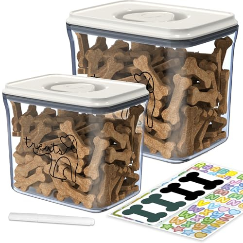 Somkaco 2 Pack Dog Treat Container Set (25oz/0.75L & 48oz/1.4L) - Airtight & BPA-Free | Clear Pet Food Storage Jars for Dog & Cat Treats | Includes Labels, Alphabet Stickers & Pen for Personalization