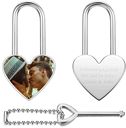 JOVIVI Personalised Padlock with Key Engraved Photo Love Heart Lock Customised Bridge Wish Lock Valentines Anniversary Couple Gifts for Him Her Boyfriend Girlfriend Couples Wedding Birthday