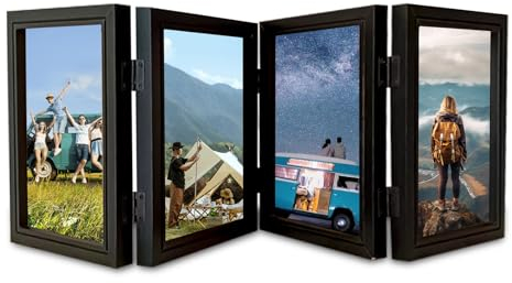 Delamiya Marco de fotos para 4 fotos, 10 x 15 cm, plegable, de madera, para el escritorio o la familia, regalos de boda, regalo para madre, amiga (negro, cuadruple)