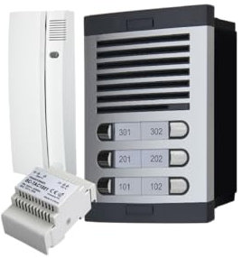 Kit de Portero Automático - 2 Hilos,facil instalación, para comunidades,Completo Placa de Calle, Caja, alimentador DIN 12Vac/1A y teléfonillos (6 Vivienda)