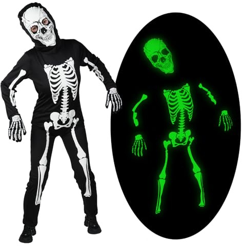 AYBUY Skelettdräkt för barn, självlysande halloweenjumpsuit, festdräkt för barn, pojkar och flickor