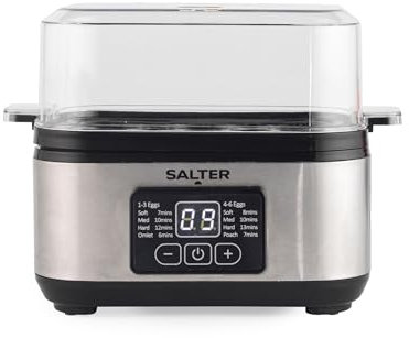 Salter 3 in 1 Digitaler Eierkocher – Elektrischer Omelettmaker, pochierte oder gekochte Eier, 6-Eier-Kapazität, LED-Display, kompakt, mit Messbecher, Eierhalter und Dampfkorb, 430W