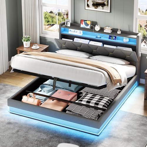 Miyemo Double Bed Frame with Storage, Ottoman Upholstered Bed Frame with Headboard Storage & Hydraulic, 4ft6 Linen Doube Bed Frame with LED-Lighting & Charging-Station, 135x190cm, Grey, (No Mattress)