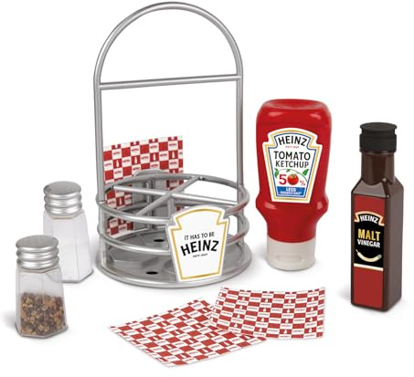 Casdon Heinz Sauce Caddy | 9-delars lekköksset för barn i åldern 3+ | Inkluderar låtsastomat ketchup, vinäger, salt och pepparskakare, servetter, och caddy.