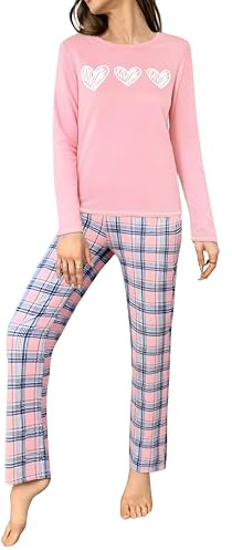 Marvmys Women's Pyjama Sets Cotton Check Loungewear Set Long Sleeve Cotton Round Neck Top and Pants with Pockets Sleepwear for Ladies