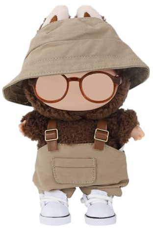 4pcs Doll Clothes Set, Stylish Bucket Hat Bib Overall Shoes & Glasses Complete Outfit Set for 15cm/17cm Plush Doll Clothing Accessories (Khaki)