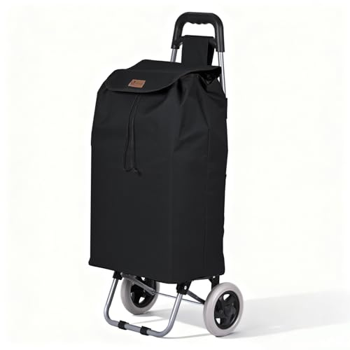 VOUNOT® Carro de la Compra Plegable 2 Ruedas, Carrito Compra 2 en 1 de 59L con Bolsa Oxford Desmontable Bolsillo Trasero con Cremallera, Carro de Compras Chasis Ligero para Subir Escaleras Negro