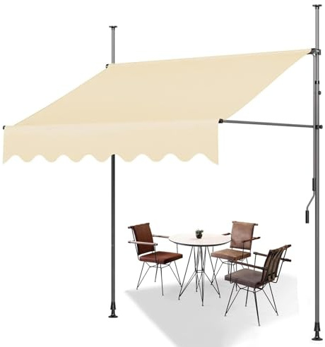 Justerbar uteplats markis manuell infällbar baldakin 2,5 x 1,2 m icke-skruv utomhus markis för fönster och dörrar idealiskt solskydd i beige (250 x 120 cm)