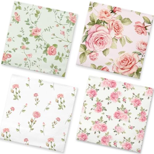 50Pcs Floral Decoupage Napkins | Spring Disposable Paper Napkins Vintage Rose Napkin for Decoupage, Tea Party Decoration, Mother's Day, Wedding, Bridal & Baby Shower (Pink)