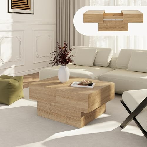 [en.casa] Mesa de Centro Lens Mesa Baja Rectangular con Tablero Extensible y 2 Compartimentos Internos Mueble Auxiliar Mesita para Salón MDF 80 x 60 x 36 cm - Efecto Roble