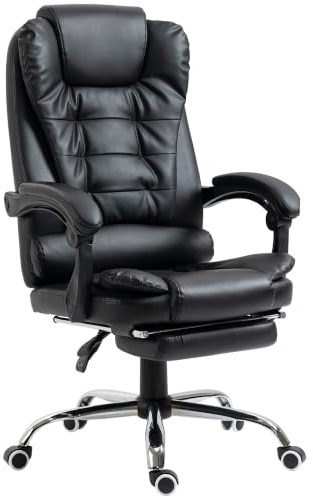 HOMCOM Executive Office Chair with Footrest, Ergonomic PU Leather Desk Chair with High Back, 145° Reclining, Thick Padded, Swivel Wheels for Home, Black | PU Leather Desk Chair, 145° Reclining, Thick Padded, Swivel Wheels, for Home