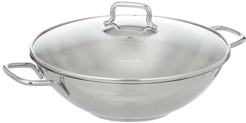 Korkmaz Perla induktion klar wok i rostfritt stål med treskikts inkapslad bas med lock (Wok)