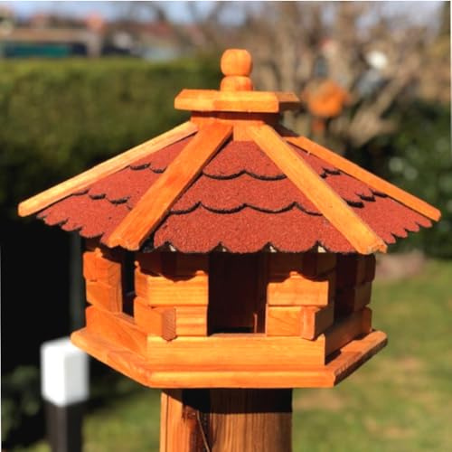 DARLUX Handgefertigtes wetterfestes Sechseck Vogelhaus aus Holz | Größe M | Vogelfutterstation, lasiert, Outdoor, Garten, Balkon, Futterhaus, Futterhäuschen (Größe M ohne Ständer, Rot - Braun)