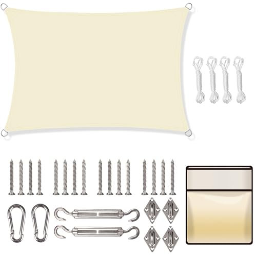 Yeahmart Sun Shade Sail Rectangle 2x3m with Fixing Kit Waterproof Anti-UV Sunscreen Awning Canopy 98% UV Block for Outdoor Garden Patio Party Backyard Yard Camping with Free Rope, Cream