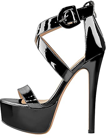 Only maker Damen Sandaletten Plateausandalen Riemchen Schnalle in Metallic Optik Schwarz 36 EU
