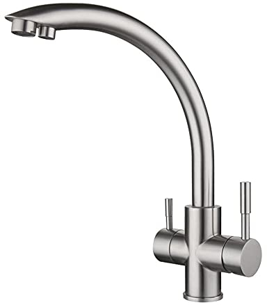 3 Wege Wasserhahn Küche Edelstahl Nickel gebürstet Trinkwasserhahn Spültischarmatur Küche 360 Dreh 3 in 1 Mischbatterie für Wasserfilter