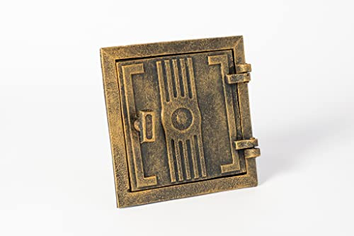 SEZAM Revisionstür für Öfen aus Gusseisen 17 x 3,5 x 17 cm, Kamintür - Klappe - Räumungstür, für Backöfen, Feueröfen & Kamine - altgoldfarben bemalt