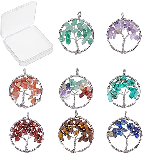 SUNNYCLUE 8Pcs 8 Colori Ciondolo Albero della Vita Ciondolo Pietra Preziosa di Cristallo di Quarzo Piatto Rotondo con Albero della Vita Pendenti di Fascino Risultati Foro per Gioielli