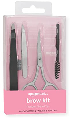 Amazon Basics 4-Piece Eyebrow Grooming Kit with Scissors, Tweezers, Spoolie Brush for Shaping at Home, Black