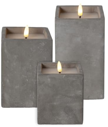 Star Trading LED Blockkerze Beton 3er-Set - Echtwachs, Timer, 11,5-16,5 cm