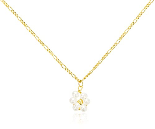 Brandlinger ® Halskette Damen Silber 925. Kette mit Anhänger, Blume aus Perlen. Kette Damen vergoldet mit 18 Karat (Silber und Gold), Schmuck für Frauen und Mädchen. Kettenlänge verstellbar 40-45cm.