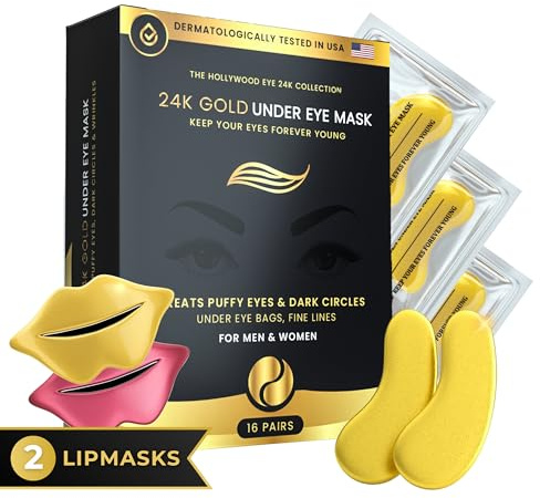Bisou Bisou Bisou 16 Pairs Gold Under Eye Patches with 2 pieces of Lip Mask | Under Eye Mask Dark Circles and Puffiness | Wrinkles Patches with Hydrogel | Collagen Eye Pad
