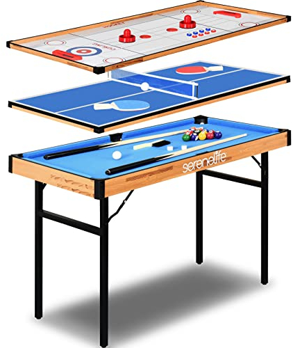 SereneLife 4-in-1 / 5-in-1 Multifunktionstisch – inkl. Billardtisch, Tischtennisplatte, Tischkicker, Kickertisch, Airhockey Tisch, Shuffleboard & Bowling Tische – Spieltisch Kinder & Erwachsene
