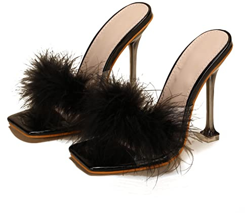 azmodo Women Faux Fur Clear PVC Slippers Square Toe Stilettos Slides High Heels Sandals Mules Party Glass Heels (Black, 6.5 UK)