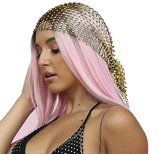 Damen Hohl Beanie Mütze Bling Veil Cap Kopftuch Fischnetz Stretchy Head Wrap Crystal Turban Skull Cap Stirnbänder Haarschmuck, gold, One size