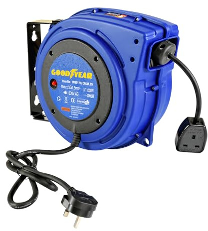 Goodyear Extension Cable Reel Retractable 15m x 3G1.5mm2 H07RN-F UK Plug 1000W/2000W Automatically Retracted Professional DIY Wall Mounting