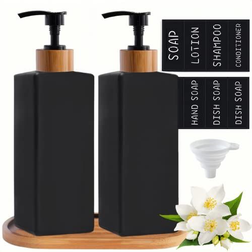BIKALAN Matt-schwarz Glas Seifenspender, 350ml Seifenspender Badezimmer Set für die Handwäsche, Spülmittel, Shampoo-Lotions Flasche für Arbeitsplatte Küche Waschküche (Bambus, Schwarz)