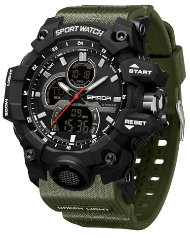 FANMIS Montre-bracelet à quartz analogique et numérique multifonction pour homme - Fonctionne à l'énergie solaire - Noir, X Vert kaki, men standard, Montre de sport