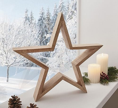 Dekoleidenschaft Stern Mangoholz Ø 40 cm groß, Weihnachtsdeko, Fensterdeko, Adventsdeko, Holzdeko, Tischdeko, Dekostern für Fenster-Bank