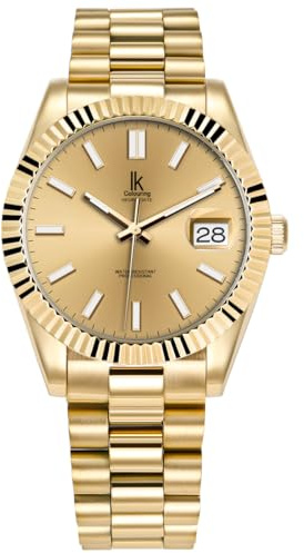 Alienwork Montre Hommes Femmes Or Doree Bracelet en Métal Acier Calendrier Date Classique élégant