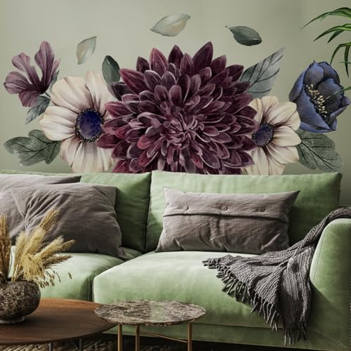 Runtoo Wandtattoo Blumen Groß Wandsticker Stoff Boho Blüten Blätter Wandaufkleber Schlafzimmer Wohnzimmer Babyzimmer Kinderzimmer Wanddeko