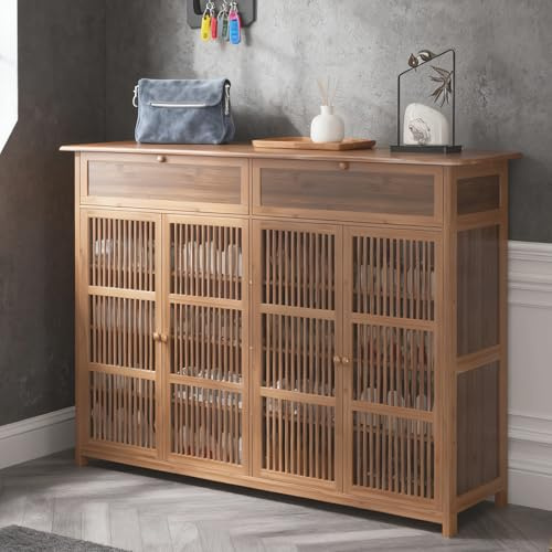 EMHKNLD Armario Zapatero Bambu, Armario Entrada Recibidor de 5 Niveles, Cajón Doble con Puertas Mueble Zapateros, 130 x 35 x 99 cm Zapatero Rustico, Marrón