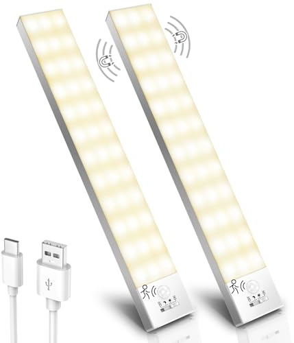 Schrankbeleuchtung LED Unterbauleuchte Küche USB Warmweiß Nachtlicht mit Bewegungsmelder Innen Batterie Schranklicht Leiste Klebeleuchte Küchen Unterbauleuchten für Vitrinen/Unterschrank/Treppe/RV
