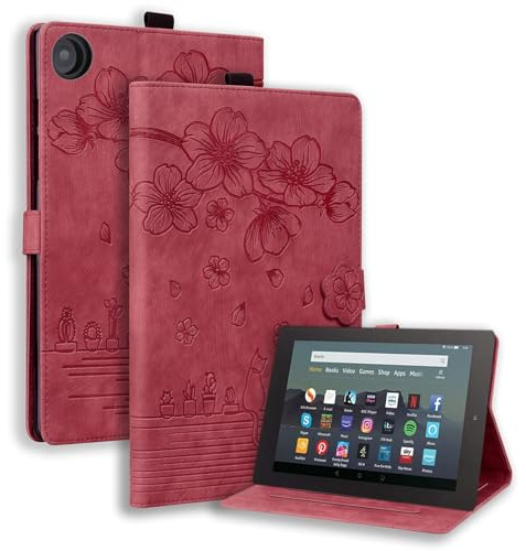 SLLMYYX Tablet-Hülle kompatibel mit Kindle Fire HD 8 & 8 Plus Tablet (12. / 10. Generation 2022/2020), Kirschblüten-Katze, PU-Leder, Folio-Ständer, Smart Cover, Rot