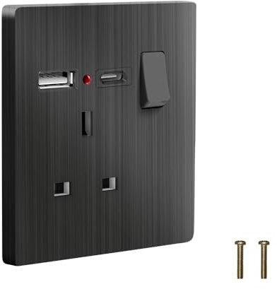 EINNO Switched Wall Outlet with USB C and A, 13 Amp, Black (Single Socket with USB)
