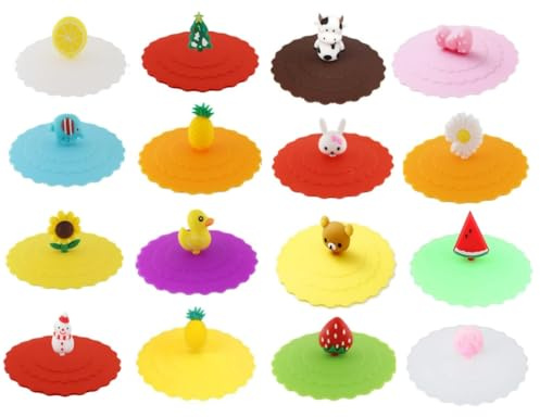 Hitopin 16 Pieces Cartoon Silicone Glass Cup Cover, Reusable Anti-dust Cup Covers, Creative Round Mug Cover, Food-grade Silicone Drink Glass Cup Lids, for Coffee Beer Mug Cup Drinking Glasses Home