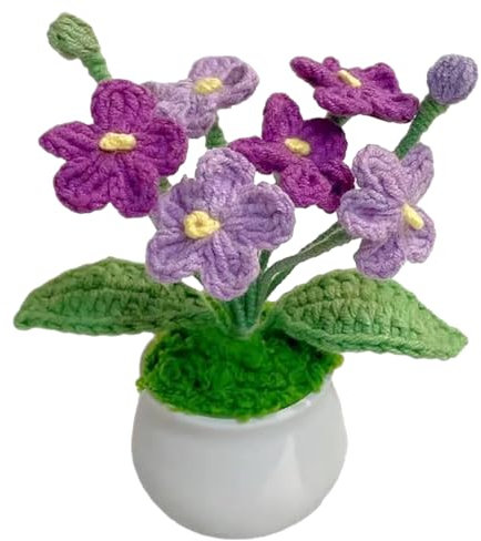 Jorzer Gehäkelte Pflanze 4,3 x 2,3 Zoll Wolle Vergissmeinnicht gehäkelte Blumen mit Blättern und Stempeln pflegeleicht Bezaubernde gestrickte Kunstblumen Geschenk für die Inneneinrichtung